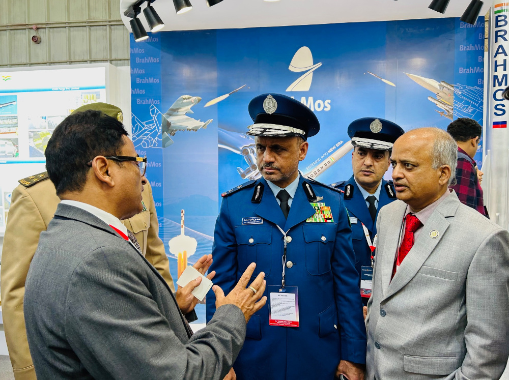 Defence delegation from Saudi Arabia at BrahMos pavilion at Aero India 2025
