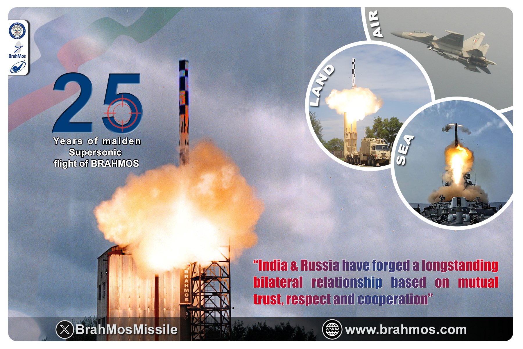 On 25th anniversary of maiden supersonic launch of BRAHMOS coinciding with Russia National Day, BrahMos extends its greetings to the Russian Federation